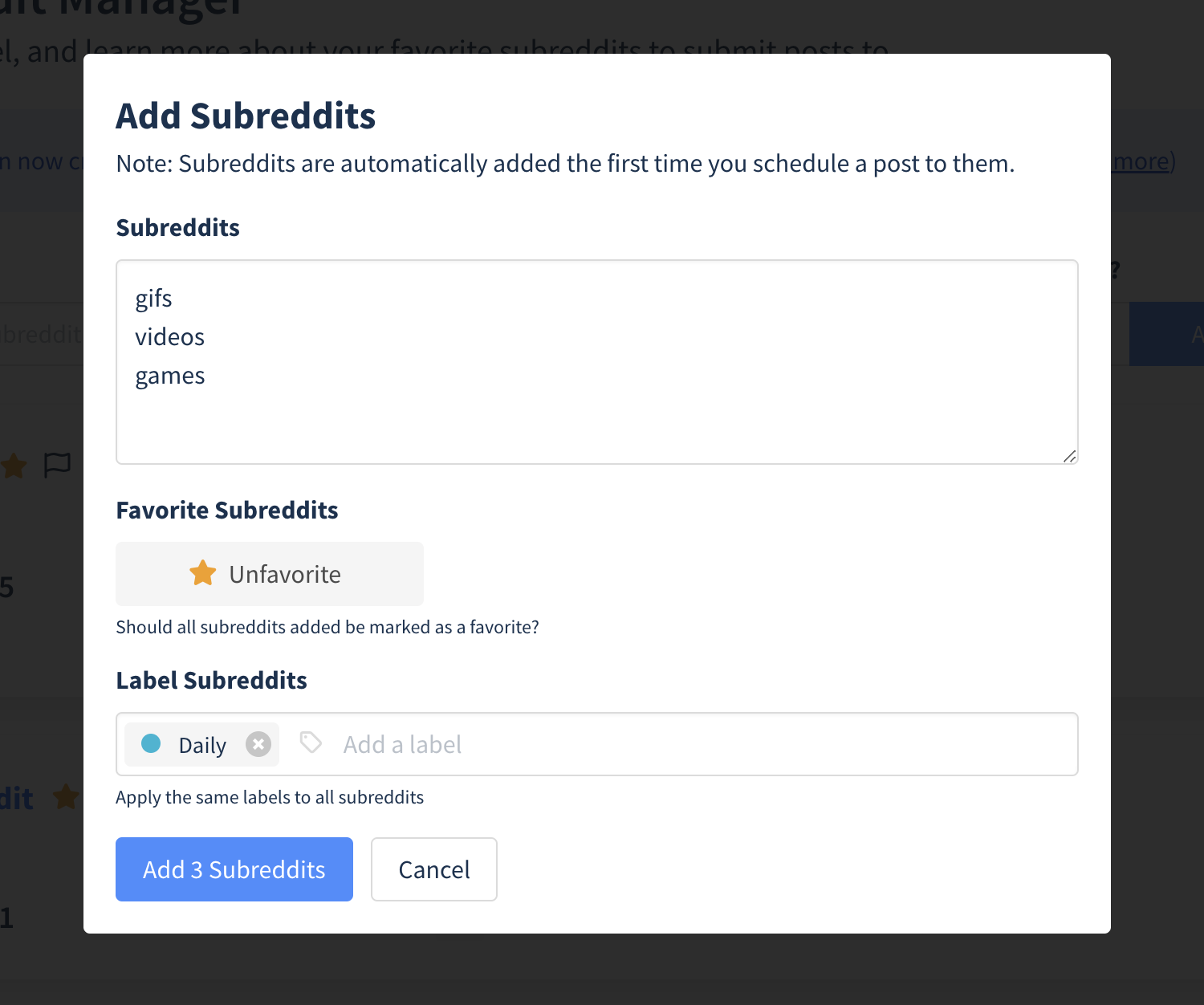 Adding subreddits to the Subreddit Manager