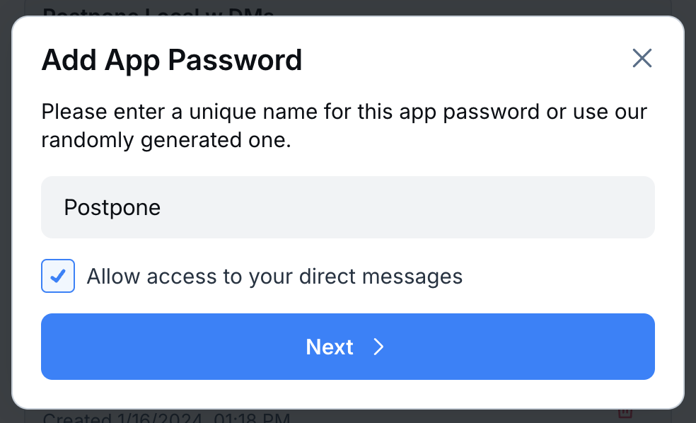 Bluesky App Password settings