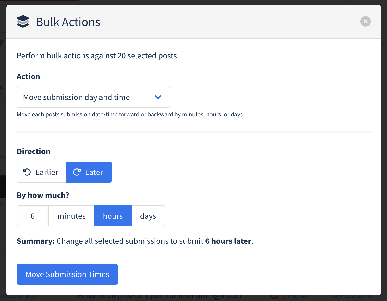 Bulk actions interface