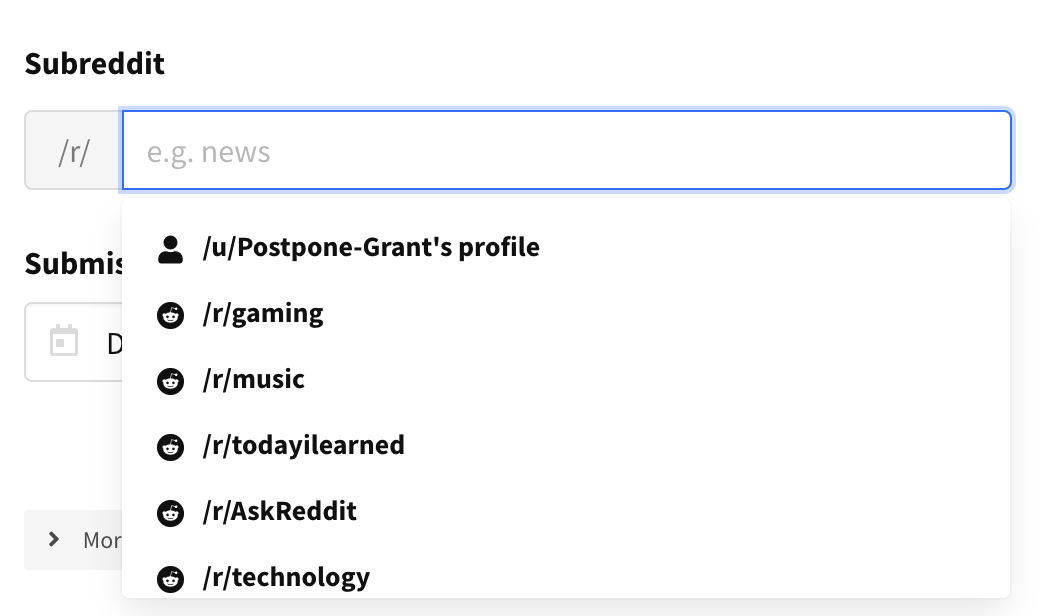 Subreddit field with profile option