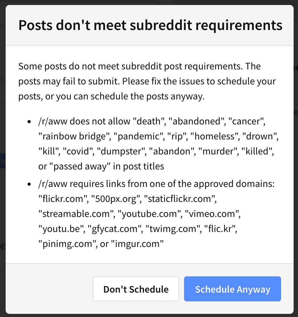 Subreddit post requirements validation