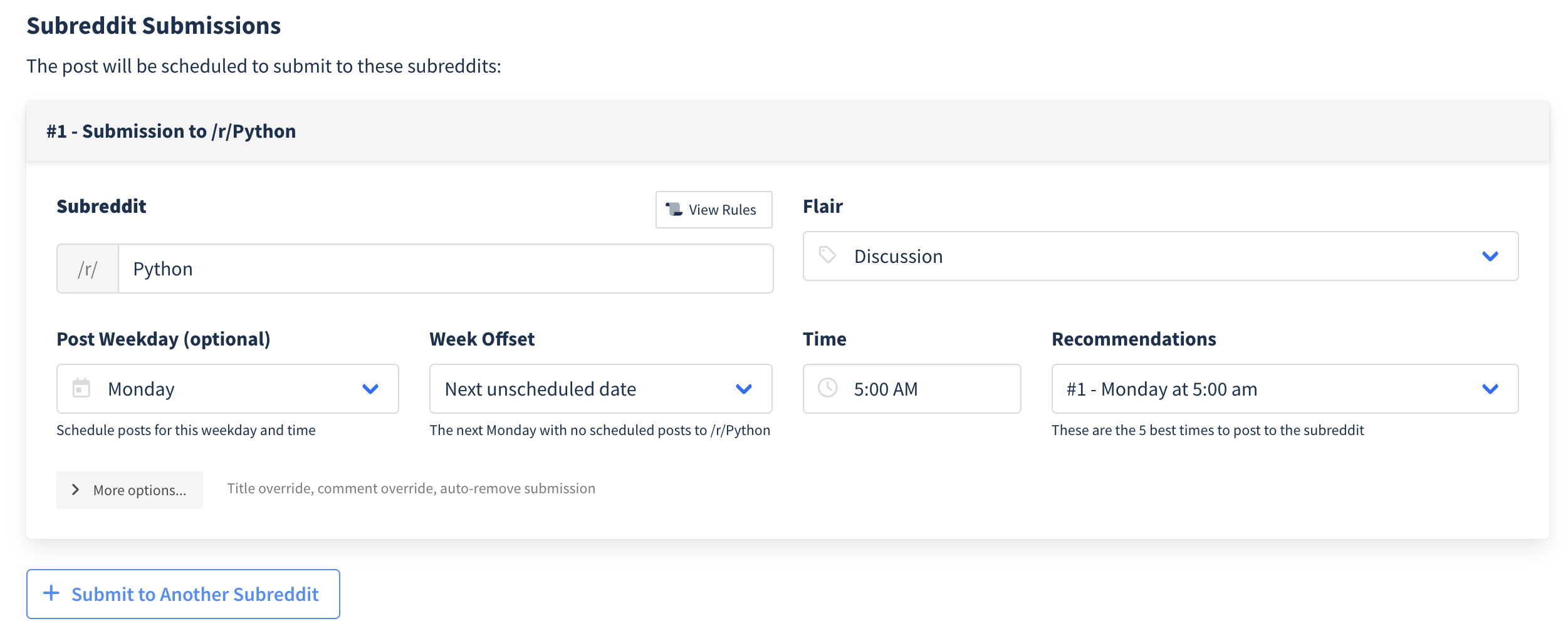 Subreddit submission settings