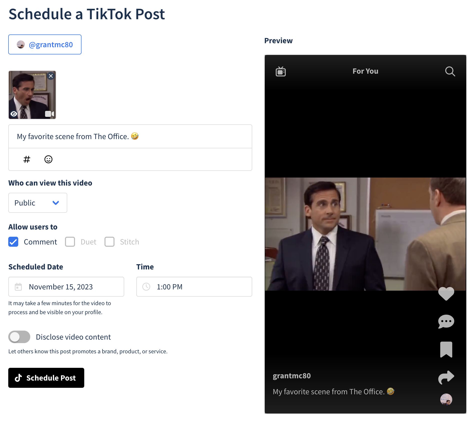 TikTok scheduling interface