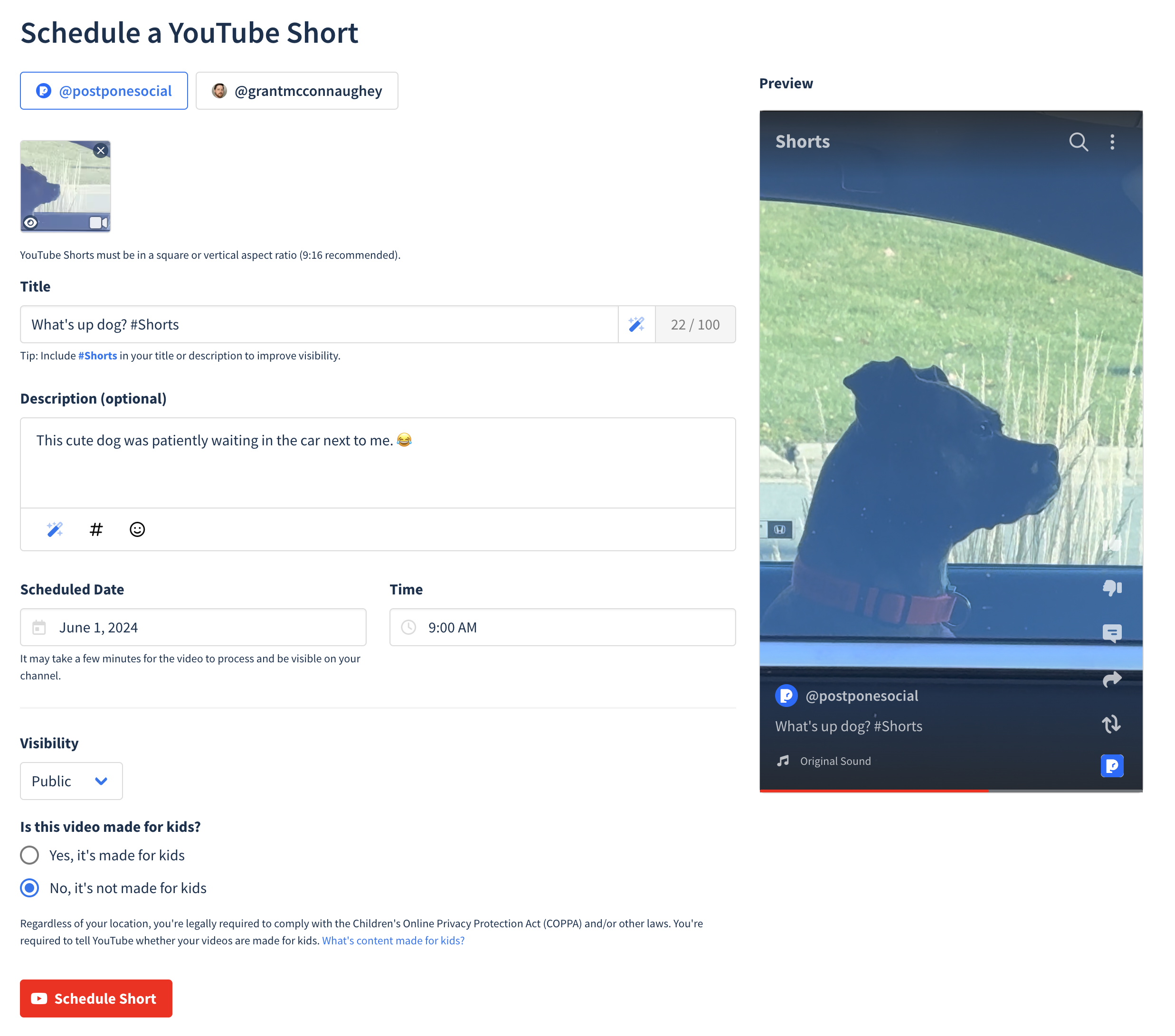 YouTube Shorts scheduling interface